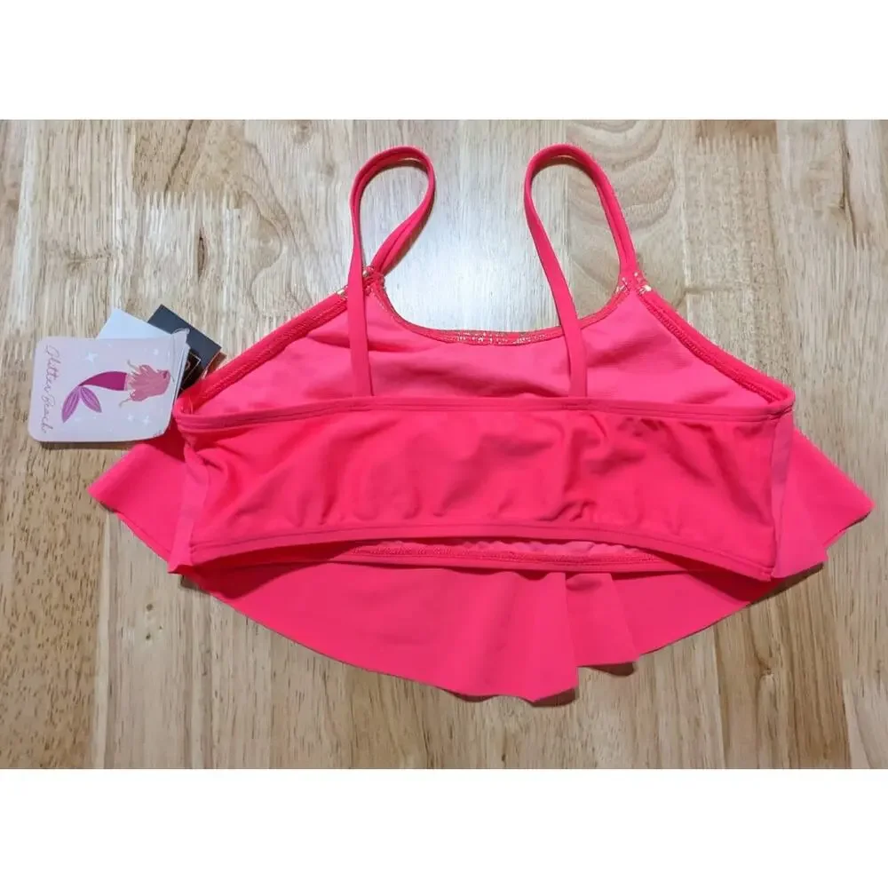 Glitter Beach Big Girls Flounce Bikini Top Foil Print, Coral Pink‎ Size 14